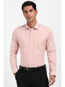 Peter England - Men Cotton Blend Stripes Collar Neck Regular Fit Peach Shirt