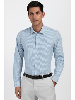 Peter England - Men Cotton Blend Stripes Collar Neck Regular Fit Blue Shirt