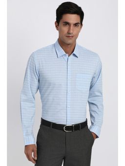 Peter England - Men Cotton Blend Checks Collar Neck Regular Fit Blue Shirt