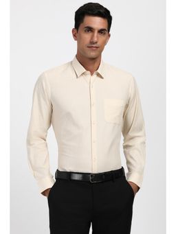 Peter England - Men Cotton Blend Stripes Collar Neck Slim Fit Beige Shirt