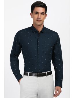 Peter England - Men Cotton Printed Collar Neck Slim Fit Navy Blue Shirt