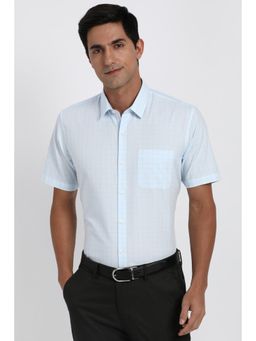 Peter England - Men Cotton Blend Checks Collar Neck Regular Fit Light Blue Shirt