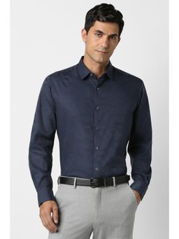 Peter England - Men Cotton Textured Collar Neck Regular Fit Navy Blue Shirt