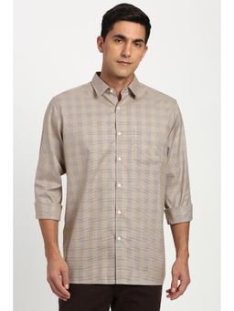 Peter England - Men Cotton Checks Collar Neck Regular Fit Beige Shirt