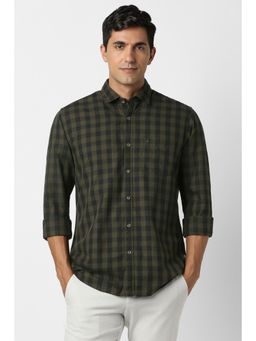 Peter England - Men Cotton Checks Collar Neck Slim Fit Olive Shirt