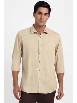 Peter England - Men Cotton Solid Collar Neck Slim Fit Beige Shirt