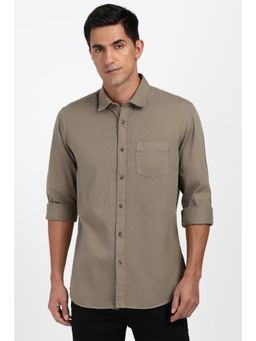 Peter England - Men Cotton Solid Collar Neck Slim Fit Beige Shirt