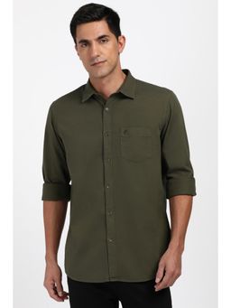 Peter England - Men Cotton Solid Collar Neck Slim Fit Olive Shirt