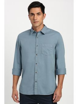 Peter England - Men Cotton Solid Collar Neck Slim Fit Blue Shirt