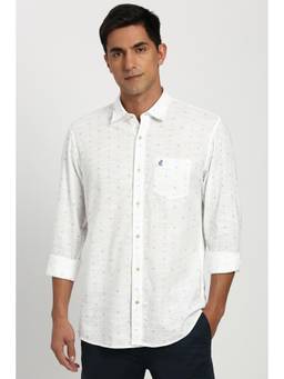 Peter England - Men Cotton Printed Collar Neck Slim Fit White Shirt