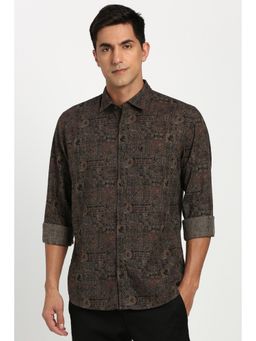 Peter England - Men Cotton Printed Collar Neck Slim Fit Brown Shirt