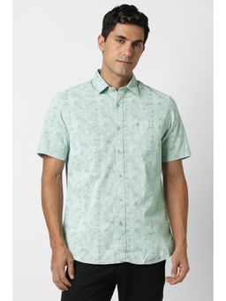 Peter England - Men Cotton Printed Collar Neck Slim Fit Green Shirt