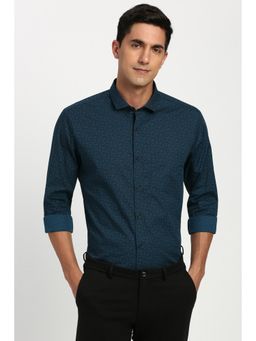 Peter England - Men Cotton Blend Printed Collar Neck Slim Fit Navy Blue Shirt