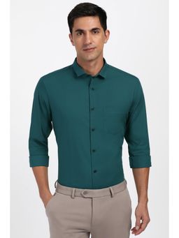 Peter England - Men Cotton Blend Solid Collar Neck Slim Fit Green Shirt