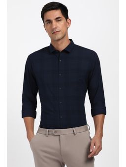 Peter England - Men Polyester Blend Checks Collar Neck Slim Fit Navy Blue Shirt