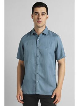Simon Carter - Men Lyocell Blend Textured Collar Neck Regular Fit Blue Shirt