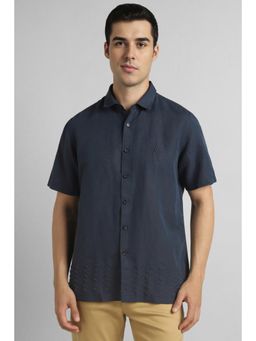 Simon Carter - Men Linen Blend Textured Collar Neck Regular Fit Navy Blue Shirt