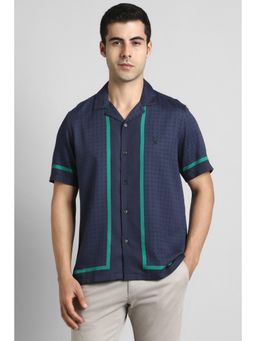 Simon Carter - Men Cotton Blend Printed Collar Neck Regular Fit Navy Blue Shirt