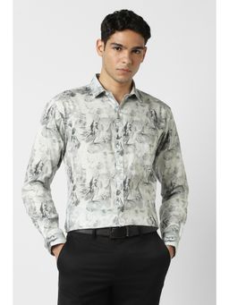 Van Heusen - Men Cotton Blend Printed Collar Neck Slim Fit White Shirt