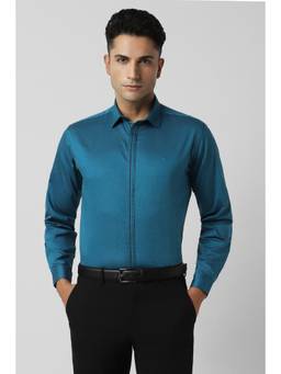 Van Heusen - Men Cotton Solid Collar Neck Regular Fit Blue Shirt