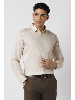 Van Heusen - Men Cotton Printed Collar Neck Slim Fit Beige Shirt