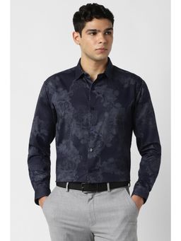 Van Heusen - Men Cotton Printed Collar Neck Slim Fit Navy Blue Shirt