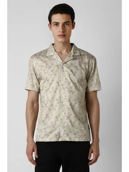 Van Heusen - Men Cotton Printed Collar Neck Slim Fit Beige Shirt