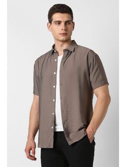 Van Heusen - Men Rayon Blend Textured Collar Neck Slim Fit Brown Shirt