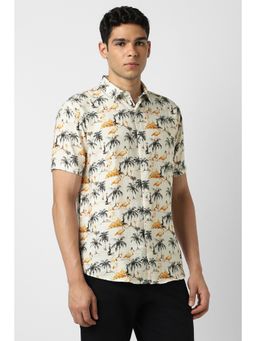 Van Heusen - Men Rayon Blend Printed Collar Neck Slim Fit Beige Shirt