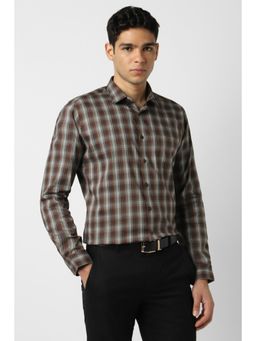 Van Heusen - Men Cotton Blend Checks Collar Neck Slim Fit Brown Shirt