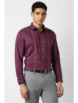 Van Heusen - Men Cotton Blend Checks Collar Neck Slim Fit Maroon Shirt