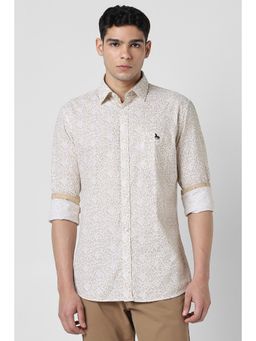 Van Heusen - Men Cotton Blend Printed Collar Neck Slim Fit White Shirt