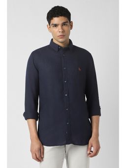 Van Heusen - Men Lyocell Blend Solid Collar Neck Slim Fit Navy Blue Shirt
