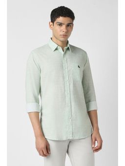 Van Heusen - Men Cotton Blend Textured Collar Neck Slim Fit Green Shirt