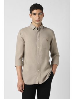 Van Heusen - Men Lyocell Blend Textured Collar Neck Slim Fit Beige Shirt