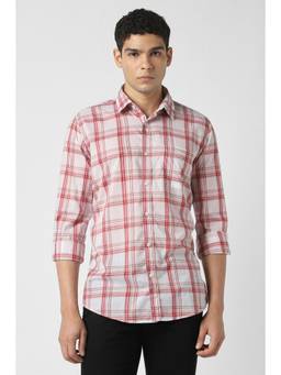 Van Heusen - Men Cotton Checks Collar Neck Slim Fit Red Shirt