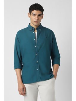 Van Heusen - Men Cotton Solid Collar Neck Slim Fit Blue Shirt