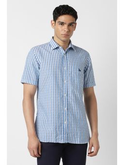 Van Heusen - Men Cotton Blend Stripes Collar Neck Slim Fit Blue Shirt