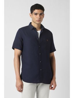 Van Heusen - Men Lyocell Blend Solid Collar Neck Slim Fit Navy Blue Shirt