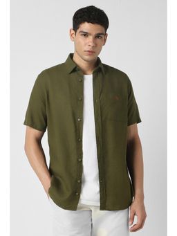 Van Heusen - Men Lyocell Blend Textured Collar Neck Slim Fit Olive Shirt