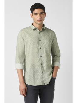 Van Heusen - Men Cotton Printed Collar Neck Slim Fit Green Shirt