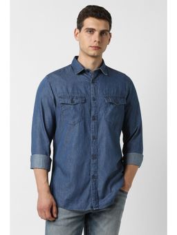 Van Heusen - Men Cotton Solid Collar Neck Slim Fit Navy Blue Shirt