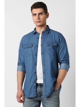 Van Heusen - Men Cotton Solid Collar Neck Slim Fit Blue Shirt