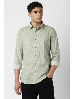 Van Heusen - Men Cotton Printed Collar Neck Slim Fit Green Shirt