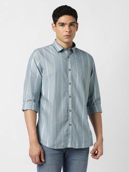 Van Heusen - Men Cotton Stripes Collar Neck Slim Fit Grey Shirt