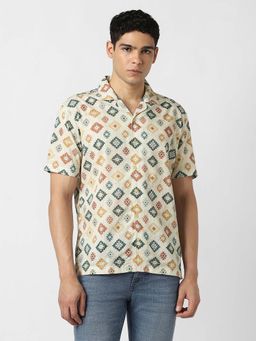 Van Heusen - Men Cotton Printed Collar Neck Slim Fit Beige Shirt