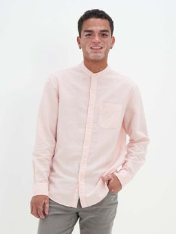 American Eagle - Men Linen Blend Solid Mandarin Neck Regular Fit Pink Shirt