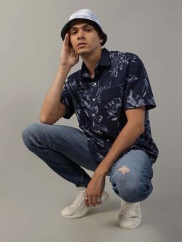 American Eagle - Men Cotton Blend Floral Collar Neck Regular Fit Navy Blue Shirt