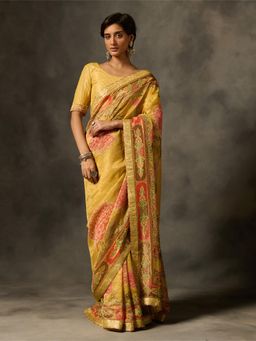 Saundh - Soma Yellow Floral Saree with Unstitched Blouse