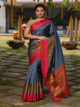 Beatitude - Grey Shade Handwoven Banarasi Katan Silk Saree with Unstitched Blouse